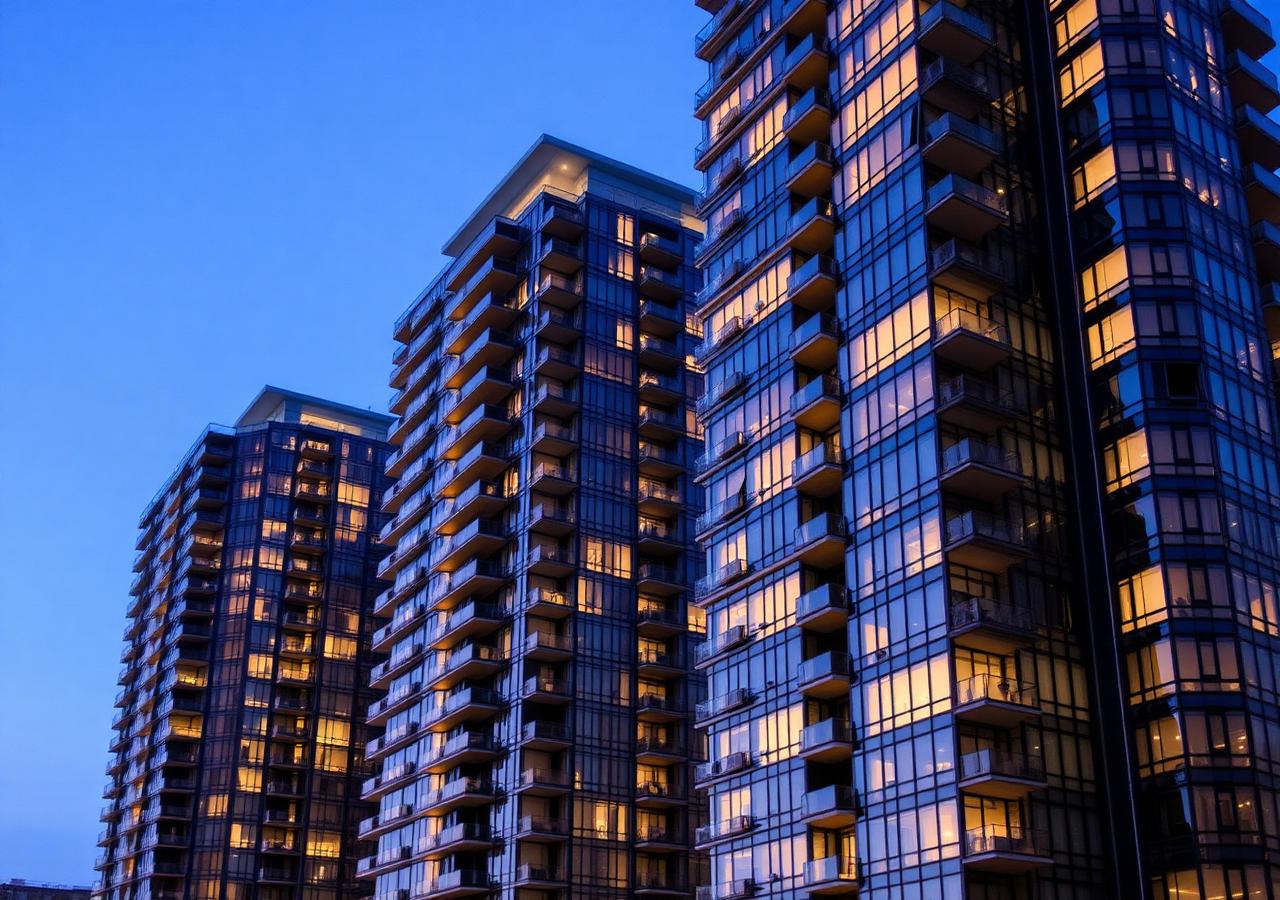 Modern condo towers in downtown Toronto at dusk